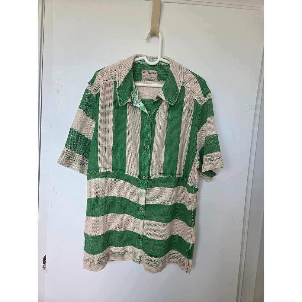 We The Free Women Shirt M Green Cream Striped Mesh Beach Layered Bohemian - Picture 2 of 5
